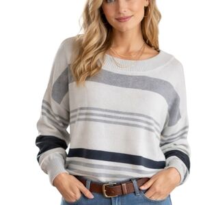 Lucky Brand Striped Gray Cream Drop Shoulder Sweater Large